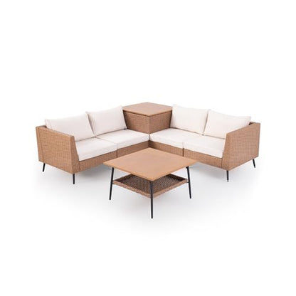 6 Pieces Outdoor Patio Furniture Sets, Rattan Conversation Sectional Set with Cushions and Storage Box, Patio Sofa with Outdoor Table