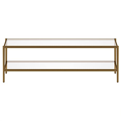 54" Wide Rectangular Coffee Table with Glass Shelf in Antique Brass, Modern coffee tables for living room, studio apartment essentials | Spacious dual-level design provides room for décor and essentials without overwhelming your space