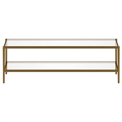 54" Wide Rectangular Coffee Table with Glass Shelf in Antique Brass, Modern coffee tables for living room, studio apartment essentials | Spacious dual-level design provides room for décor and essentials without overwhelming your space