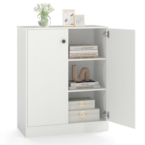 2-Door Storage Cabinet, Modern Floor Cabinet with 3-Tier Shelf, Freestanding Side Cabinet with Anti-Toppling Device, Storage Organizer for Living Room, Kitchen, Dining Room, Entryway (White)