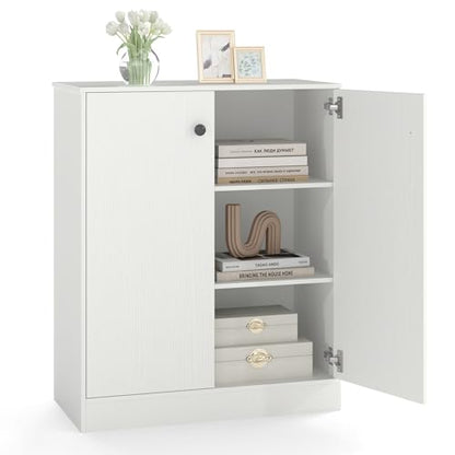 2-Door Storage Cabinet, Modern Floor Cabinet with 3-Tier Shelf, Freestanding Side Cabinet with Anti-Toppling Device, Storage Organizer for Living Room, Kitchen, Dining Room, Entryway (White)