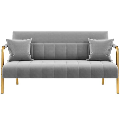 Yaheetech 56.5" W Modern Sofa Small Sofa Luxurious Velvet Fabric Couch with Gold-Tone Metal Arms and Legs for Living Room, Home Office, Studio Light Gray