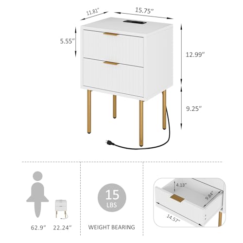 Nightstand with Charging Station,Morden Bedside Table with Gold Frame,Small White Night Stand,End Table,Bedside Furniture,Side Table with Drawer and Shelf for Bedroom,Living Room