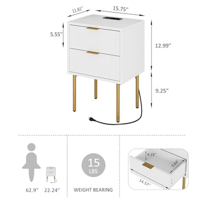 Nightstand with Charging Station,Morden Bedside Table with Gold Frame,Small White Night Stand,End Table,Bedside Furniture,Side Table with Drawer and Shelf for Bedroom,Living Room