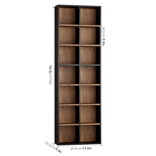 71'' Tall Bookshelf with 14 Cubes, 7 Tier Double Wide Wood Bookshelf with 6 Adjustable Shelves, 19.6" Narrow Bookcase DVD/CD Media Storage, Space Saving Display Shelf Cabinet, Black/Brown