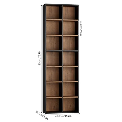71'' Tall Bookshelf with 14 Cubes, 7 Tier Double Wide Wood Bookshelf with 6 Adjustable Shelves, 19.6" Narrow Bookcase DVD/CD Media Storage, Space Saving Display Shelf Cabinet, Black/Brown