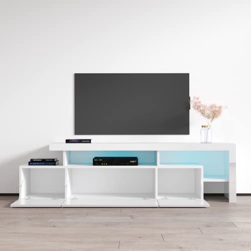 Meble Furniture Indisio Modern High-Gloss TV Stand — LED Lighting — Engineered Wood, 59.1 x 15.7 x 20.1 inches — White