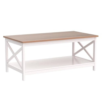 Farmhouse Coffee Table for Living Room, White Coffee Tables with Storage Rustic Style Modern