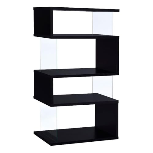 4-Shelf Contemporary Wood Bookcase, Black Finish, Glass Side Panels, Zigzag Design, 63 in H x 35.5 in W x 15.5 in D, Modern Storage for Home Office or Living Room