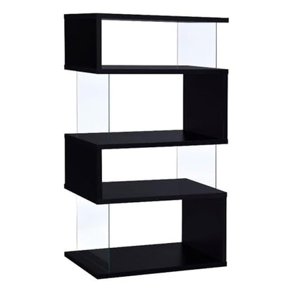 4-Shelf Contemporary Wood Bookcase, Black Finish, Glass Side Panels, Zigzag Design, 63 in H x 35.5 in W x 15.5 in D, Modern Storage for Home Office or Living Room