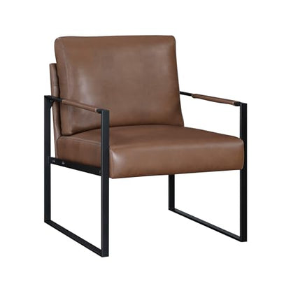 Modern Accent Chair, Faux Leather Upholstered Living Room Chair with Wrapped Armrests, Arm Chair with Black Metal Frame, Comfy Single Chair for Living Room/Bedroom/Reading Room/Office, Brown