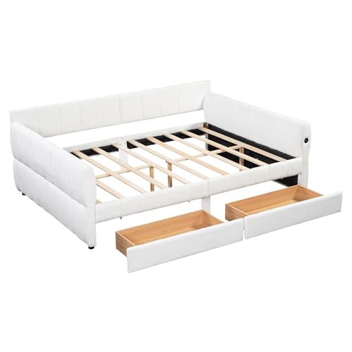 Queen Size Upholstered Daybed Sofa Bed with 2 Drawers, Lambswool Upholstered Platform Bed with USB for Bedroom Living Room Guest Room (White-@045)