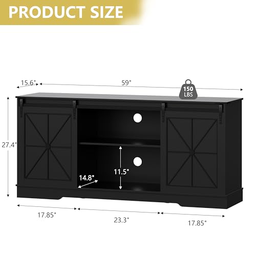 Farmhouse TV Stand for 65/60/55 Inch Tvs, Rustic Entertainment Center with Storage Cabinets & Sliding Barn Doors, Modern Media Console Table, Wood Television Furniture for Living Room, Bedroom, Black