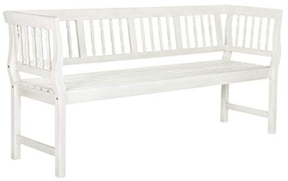 SAFAVIEH Outdoor Patio Furniture Collection – Brentwood Antique White Distressed Acacia Wood Bench with Silver Accents, Classic Outdoor Seating for Porch or Garden (PAT6732C)
