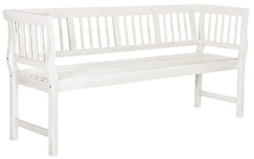 SAFAVIEH Outdoor Patio Furniture Collection – Brentwood Antique White Distressed Acacia Wood Bench with Silver Accents, Classic Outdoor Seating for Porch or Garden (PAT6732C)