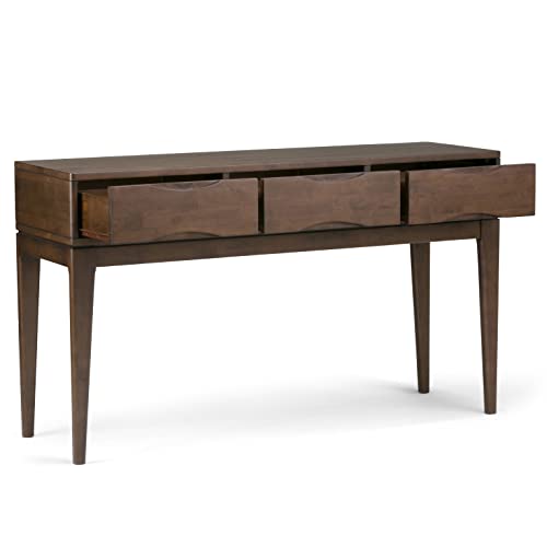 Harper Console Table - 54 Inch Wide Solid Hardwood Sofa Table in Walnut Brown, Mid-Century Modern Storage Table for Entryway or Living Room with 3 Drawers, Notched Handles, and Tapered Legs