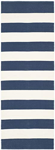 SAFAVIEH Montauk Collection Runner Rug - 2'3" x 11'7", Navy & Ivory, Handmade Flatweave Cotton, Woven Texture, Farmhouse Stripe Pattern, Ideal for Living Room, Bedroom, Dining Space (MTK712H)