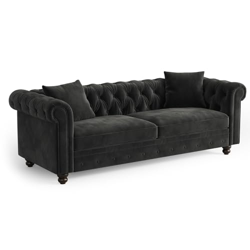 82 Inch Chesterfield Sofa, 23 Inch Deep Seat Velvet Couch for Living Room, Button Tufted Couch with Rolled Arms, 2 Throw Pillows, Comfy Vintage Loveseat Sofa for Apartment, Black