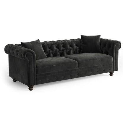 82 Inch Chesterfield Sofa, 23 Inch Deep Seat Velvet Couch for Living Room, Button Tufted Couch with Rolled Arms, 2 Throw Pillows, Comfy Vintage Loveseat Sofa for Apartment, Black