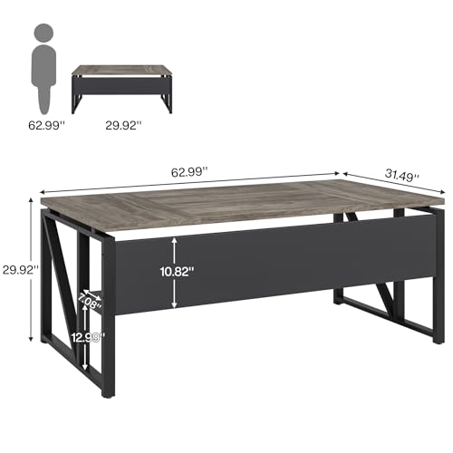 Tribesigns 63 inches Computer Desk with Bottom Storage Shelf Home Office Desk Writing Table for Workstation,Dark Walnut + Steel Leg， Cabinet not Included (Grey, 63-inch-with Shelf)