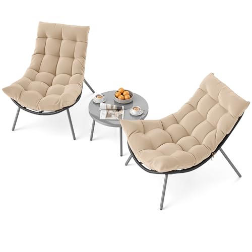 3 Pieces Patio Furniture Set, Outdoor Rattan Wicker Bistro Conversation Set with Cushioned Papasan Chairs and Tempered Glass Coffee Table for Porch, Balcony, Deck and Garden