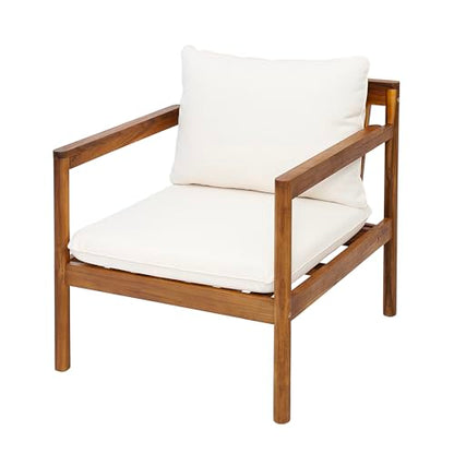 Krixi Acacia Wood Lounge Chair Outdoor with Rope Accent, Accent Chair with Water-Repellent Cushions, Comfy Chairs for Garden/Backyard, Heavy Duty Patio Furniture, Teak + Cream