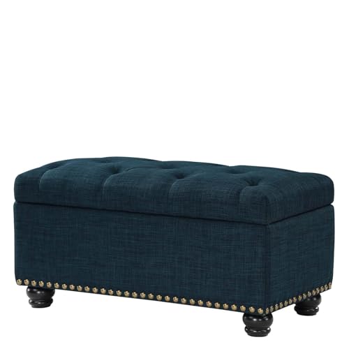 Designs4Comfort 7th Avenue Ottoman Bench 35.5" - Modern Upholstered Footstool & Seat with Hinged Lid & Storage, for Living Room, Bedroom, & Entryway, Dark Blue Fabric