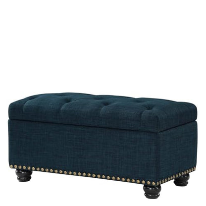 Designs4Comfort 7th Avenue Ottoman Bench 35.5" - Modern Upholstered Footstool & Seat with Hinged Lid & Storage, for Living Room, Bedroom, & Entryway, Dark Blue Fabric