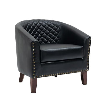 PU Leather Accent Chair, Barrel Club Chair Modern Upholstered Armchair for Living Room, Comfy Nailed Trim Arm Chair Bedroom Reading Seat, Black