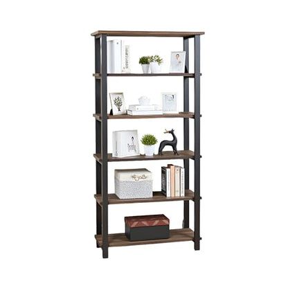 Pomona Living Room 6-Tier Solid Wood Bookcase with Metal Frame – Rustic Industrial Modern Wood and Metal Bookshelf for Home Office, Living Room, or Bedroom Storage