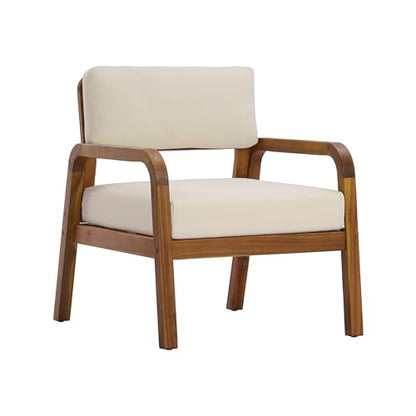 Canico Acacia Wood Lounge Chair Outdoor with Weather-Resistant Cushion, Wooden Patio Accent Chair with Open Frame Design, Outdoor Armchair for Patio Furniture Set, Cream + Teak