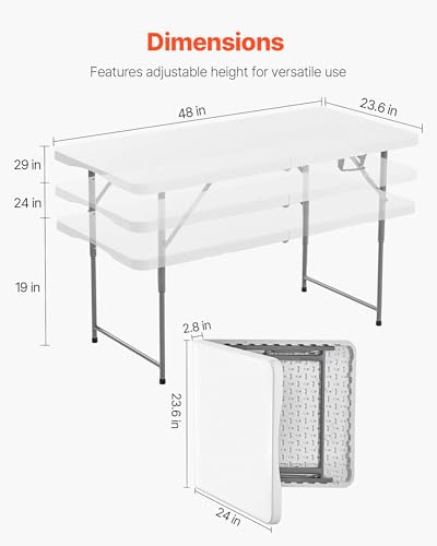 Folding Table, Heavy Duty Portable Fold-in-Half Utility Table, Indoor Outdoor Plastic Rectangle Table with Built in Handle, for Party, Dining, Wedding, Events, Picnic, Camping, 4 ft, White