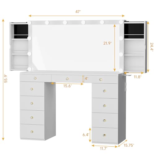 Vanity Desk with Mirror and Lights, White Vanity with Hidden Jewelry Storage Cabinet, Charging Station, 11 Drawers Makeup Vanity with Lights, Crystal Knobs, 3 Color Lighting Modes for Girls