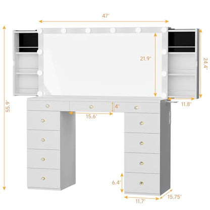 Vanity Desk with Mirror and Lights, White Vanity with Hidden Jewelry Storage Cabinet, Charging Station, 11 Drawers Makeup Vanity with Lights, Crystal Knobs, 3 Color Lighting Modes for Girls