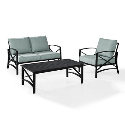 Crosley Furniture KO60014BZ-MI Kaplan Outdoor Metal 3-Piece Seating Set (Loveseat, Arm Chair, Coffee Table), Oiled Bronze with Mist Cushions