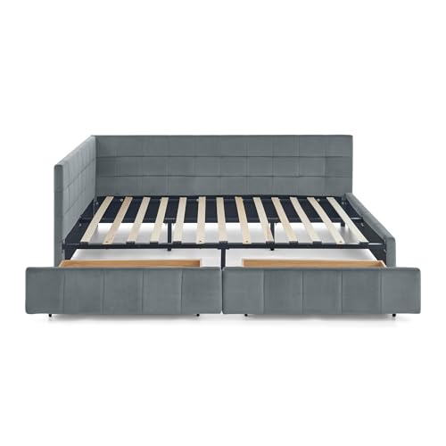 Queen Size Upholstered Daybed with Storage Drawer, Upholstered Tufted Bed Frame, Modern Sofa Bed Frame with Comfortable Backrest and Armrests, for Bedroom, Living Room, Velvet, Grey