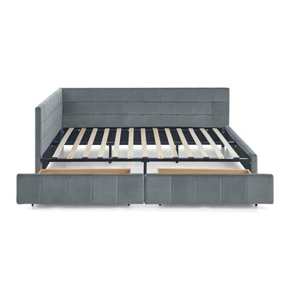 Queen Size Upholstered Daybed with Storage Drawer, Upholstered Tufted Bed Frame, Modern Sofa Bed Frame with Comfortable Backrest and Armrests, for Bedroom, Living Room, Velvet, Grey