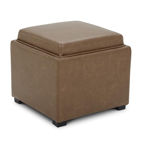 CHITA Storage Ottoman Cube with Tray Lid, Small Footstool with Storage, Square End Table for Living Room and Bedroom, Faux Leather in Saddle Brown