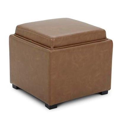 CHITA Storage Ottoman Cube with Tray Lid, Small Footstool with Storage, Square End Table for Living Room and Bedroom, Faux Leather in Saddle Brown