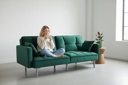 Regal 75.6" Velvet Convertible Sofa Bed - Mid-Century Sleeper Couch w/Tufted Design & Metal Legs - Pull-Out Futon for Guests/Home (75.6" W x 34.6" D x 32" H), Green
