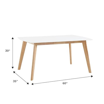 Mid Century Modern Wood Table Dining Room Kitchen Set Dining Chairs, 60 Inch, 6 Person, White and Natural