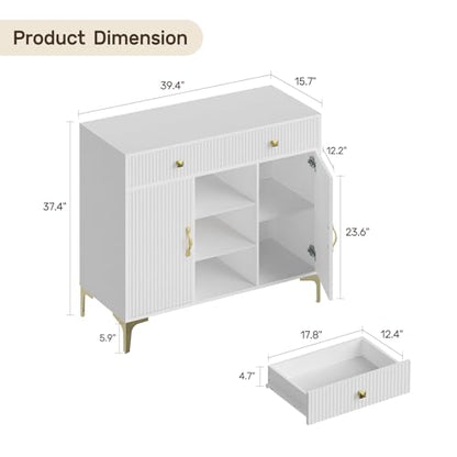 Sideboard Buffet Cabinet with Adjustable Shelves, Modern Storage Cabinet with Drawers and Doors, White Kitchen Buffet for Dining Room, Living Room, Entryway, 39.4 Inch