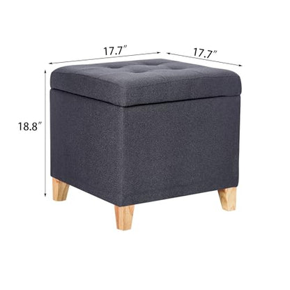 18" Square Storage Ottoman with Hinged Lid, Tufted Fabric Foot Rest Stool, Heavy Duty Cube Seat, Dark Gray – Versatile Entryway/Living Room Furniture