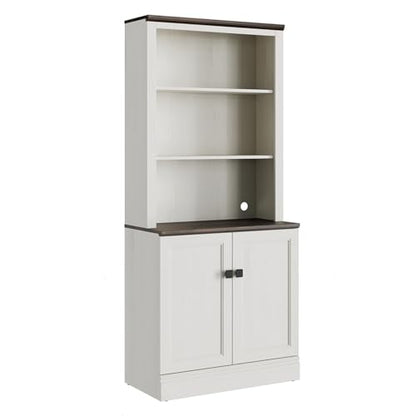 72 in Tall Bookshelf 5 Tier Bookcase with Adjustable Shelves, Antique White Book Shelf with Storage Cabinet, Wood Freestanding Display Bookshelves for Home Office，Bedroom, Living Room