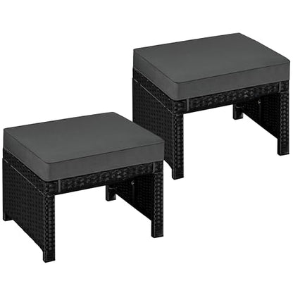 Yaheetech Wicker Ottomans, 2 Footrest with Removable Cushion, Black/Gray | 2pcs PE Rattan Side Table Additional Seating Multipurpose Outdoor Furniture for Patio, Backyard