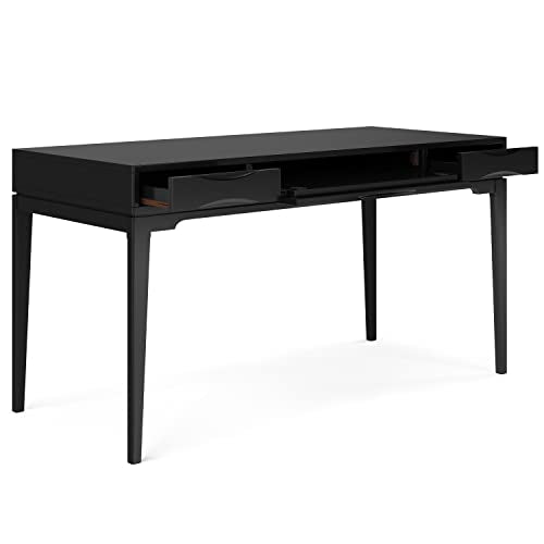 Harper Desk - 60 Inch Wide Solid Wood Writing Desk in Black, Mid-Century Modern Home Office Computer Table for Workspace or Study with 2 Drawers and Flip-Down Keyboard Tray
