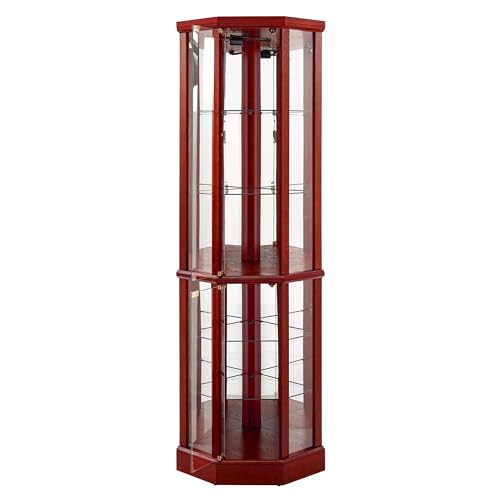6 Shelf Lighted Corner Curio Cabinet with Adjustable Tempered Glass Shelves and Mirror Back, Cherry(E26 Light Bulb not Included)