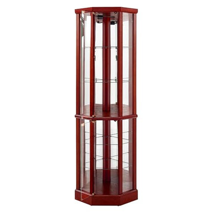 6 Shelf Lighted Corner Curio Cabinet with Adjustable Tempered Glass Shelves and Mirror Back, Cherry(E26 Light Bulb not Included)