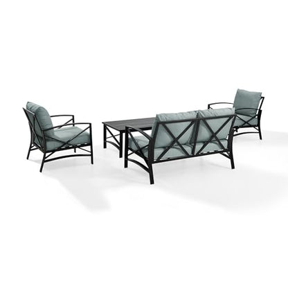 Crosley Furniture KO60009BZ-MI Kaplan Outdoor Metal 4-Piece Seating Set (Loveseat, 2 Arm Chairs and Coffee Table), Oiled Bronze with Mist Cushions