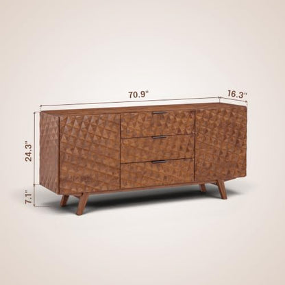 Sapa 71" Solid Wood Sideboard Buffet Cabinet, 3D Carved Geometric Doors, view 3